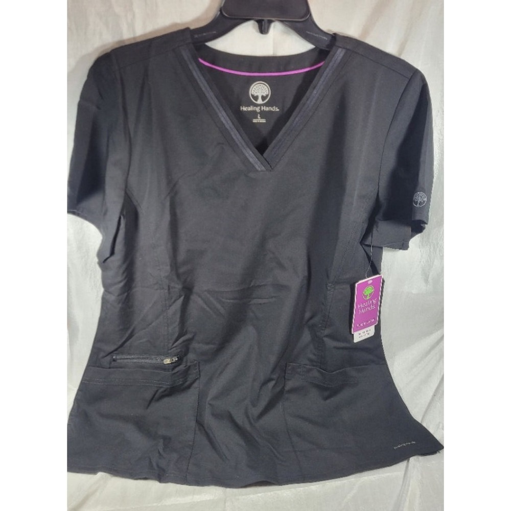 Healing Hands Purple Label Satin Ribbon V-Neck 3-Pocket Scrubs Top - Black L